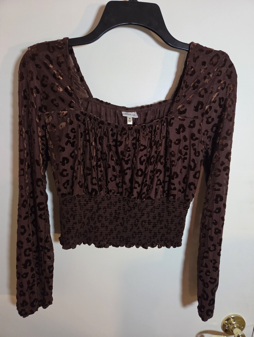 Whimsigoth Velvet Leopard Print Smocked Crop Top Brown Long Sleeve M Y2K Goth